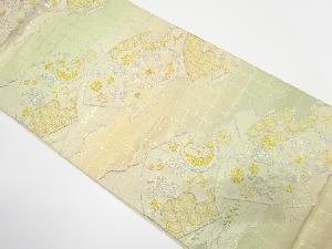 アンティーク　破れ地紙に槌車・時代人物模様織り出し袋帯（着用可）